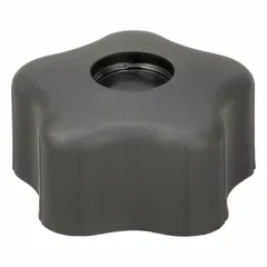 This 5-arm knob features a 2-inch diameter plastic body with a steel thread insert. The threaded hole accommodates 5/16"-18 fasteners. It is used for manual adjustment and clamping on industrial machinery, jigs, and fixtures.