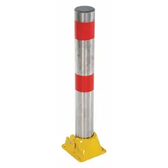 This stainless steel bollard with a silver finish is designed for bolt-on mounting using the included concrete anchors. It provides vehicle impact protection for building perimeters, loading docks, and equipment, and folds down when not needed for flexible access control.