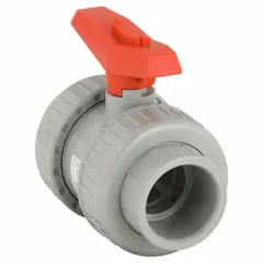 This manual two-way ball valve features a CPVC straight body with socket x FNPT connections and a lever handle for flow control. Suitable for use in CPVC piping systems where corrosion resistance is required, such as in water treatment and chemical processing applications.