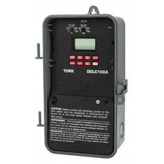 Plastic-bodied digital timer switch with astronomic functionality for outdoor use. Automatically adjusts on/off times based on sunrise and sunset. Surface-mount design suitable for controlling lighting and equipment in exterior applications.