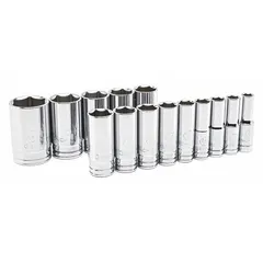 This 14-piece SAE socket set includes 1/2 in drive deep sockets with a 6-point design, covering sizes from 7/16 in to 1-1/2 in. The sockets feature a friction ball retention mechanism for secure attachment. Suitable for tightening and loosening fasteners in automotive, industrial, and mechanical applications.