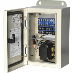 This power supply board with enclosure converts 115V AC input to 24V AC at 7A total across eight fused outputs. Housed in a steel NEMA 4 enclosure, it is suited for security, access control, and industrial control systems requiring distributed low-voltage power.