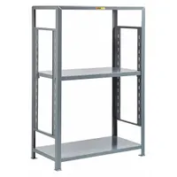 This starter unit of heavy-duty welded steel shelving measures 36 inches deep by 24 inches wide with an overall height of 72 inches. The open welded design provides visibility and airflow, suitable for storing bulk parts, tools, and equipment in industrial environments. Finished in Dove Gray, it serves as a foundation for modular racking systems