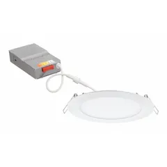 6-inch diameter LED retrofit kit for ceiling installations. Operates at 120V AC, delivers 970 lumens at 13W, with selectable color temperatures (2700K/3000K/3500K/4000K/5000K) and 90 CRI. White trim, dimmable. Replaces 100W incandescent or 23W-26W CFL bulbs.