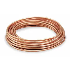 Copper tubing in Type L wall thickness, supplied as a 60 ft coil. Rated for medium-pressure service with a maximum operating pressure of 729 psi at 200°F. Suitable for water supply lines, refrigeration, and compressed air systems. Not cleaned and capped.