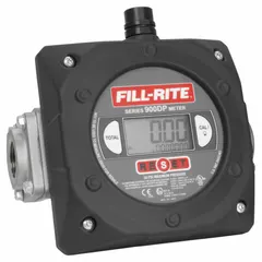 This nutating disc totalizer measures fuel transfer volumes in gallons with a digital display. It features an aluminum body with 1 1/2 in FNPT connections, Buna-N seals and O-rings, and a standard frequency pulse output. Accuracy is +/-1.25%. Suitable for industrial fuel dispensing, fleet fueling, and bulk fuel transfer applications.