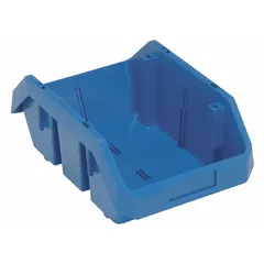 Blue plastic bin for organizing small parts, components, or tools. Cross-stacking design enables stable vertical stacking without lids, maximizing shelf space. Includes a label holder for clear identification of contents. Not electrostatic discharge conductive.