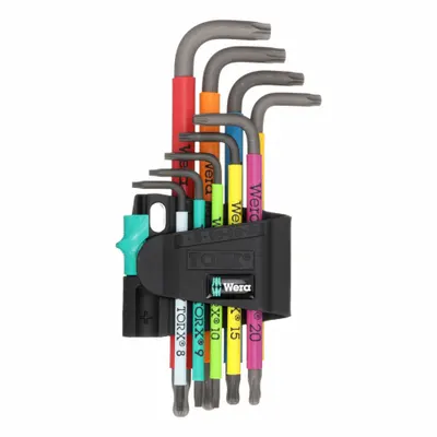 WERA Torx Key Set: Short, 9 Pieces, T10/T15/T20/T25/T27/T30/T40/T8/T9 Tip Size - Color-Coded Ball End Torx Key Sets