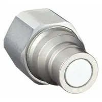 Steel-bodied hydraulic quick-connect coupling plug with 3/4"-14 thread size and maximum flow rate of 98.42 lpm. Used in hydraulic systems for rapid connection and disconnection of fluid lines under pressure, common in mobile equipment, industrial machinery, and hydraulic power units