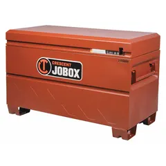 This chest-style jobsite box provides 16.7 cu ft of lockable storage for tools and equipment. It measures 24 in W x 48 in D x 30 3/4 in H and features a padlock hasp (lock not included). The brown finish is suited for construction sites, workshops, and industrial settings.