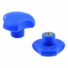 Three-arm knob with a 32 mm diameter, molded in RAL 5005 blue plastic with a stainless steel M6 threaded blind hole. The visually-detectable color aids quick identification of loose components in safety-sensitive areas. Used for manual adjustment, clamping, and positioning on machinery, panels, and fixtures.