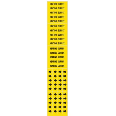 BRADY Pipe Marker: Heating Supply, Yellow, Black, Fits 3/4 in and Smaller Pipe O.D. - Heating Supply Adhesive Pipe Markers