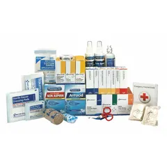 Bulk unitized refill for industrial first aid kits, serving 100 people with 669 components. Includes (110) adhesive bandages, burn dressing, eyewash, and (100) non-aspirin pain relievers. Complies with ANSI/ISEA Z308.1-2015 standards. Latex-free, not water resistant. Compatible with part 90574.