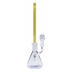 This 10 mL specific gravity bottle is made of colorless glass with a narrow mouth and a ground-glass stopper closure. It measures 168 mm in length and includes the closure. Used in laboratory settings for determining the specific gravity or density of liquids.