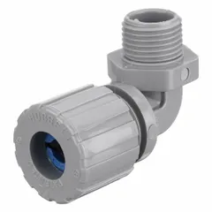 This 90° plastic cable grip features a gray nylon body with a blue grommet, providing liquid-tight sealing and strain relief for electrical cables. It accepts cord diameters from 0.38 in to 0.50 in and connects via a 3/4 in MNPT thread. Rated IP66 and Class III, Division 1 & 2, it is suitable for use in hazardous locations such as dust-prone industrial environments.