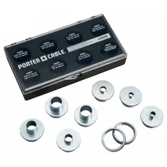 This 10-piece router template guide kit is designed for use with routers having a standard 1-3/16 in diameter center hole. The guides enable precise pattern and template following for joinery, inlay, and flush-trimming applications in woodworking.