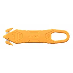 Disposable dual-hook safety cutter with a 5 5/16 in overall length. Features a contoured stainless steel handle in yellow and a straight blade design. Suitable for cutting cardboard, shrink wrap, and packaging materials in warehouses and distribution centers. Supplied in a 10-pack.