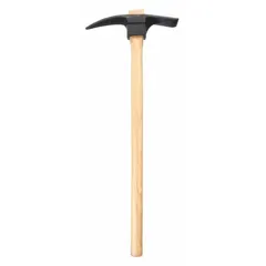 This pick mattock features an iron head with a 4 1/2 in adze length, 2 1/4 in adze width, and 4 1/2 in pick length. The wood handle provides a secure grip for digging, trenching, and breaking up hard or rocky soil in construction, landscaping, and agricultural tasks.