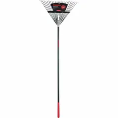 This standard leaf rake features a steel head with steel tines for gathering leaves, grass clippings, and light yard debris. The 54-inch fiberglass handle provides extended reach and reduced weight for comfortable use in residential and commercial landscaping tasks.