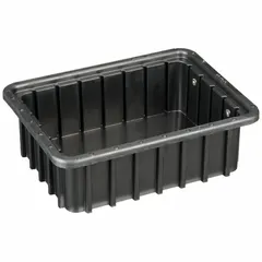 This plastic ESD static-control divider box measures 10 3/4 in x 8 1/4 in x 3 1/2 in and has a volume of 0.1 cu ft. It is black and does not include a lid or dividers. Used for organizing and protecting sensitive electronic components in manufacturing, assembly, and storage environments.