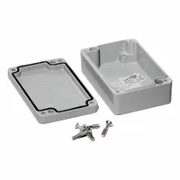 This enclosure measures 3 inches by 2 inches by 1 inch and is constructed of die-cast aluminum. It uses a screw-on closure method and has no knockouts. Rated NEMA 12/13/4/4X/6/6P, it is suitable for protecting electrical components in indoor or outdoor environments where resistance to dust, water, and corrosion is required