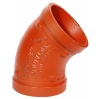 This 45° grooved pipe elbow is made of ductile iron and sized 1-1/2 in x 1-1/2 in. It is rated for a maximum operating pressure of 300 psi at 150°F. Used in mechanical piping systems to change flow direction, it is suitable for applications such as fire protection, HVAC, and industrial piping