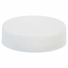 White opaque polypropylene screw cap with a 38-400 mm closure size. Features a PTFE faced polyethylene liner for chemical resistance. Commonly used to seal glass or plastic laboratory containers for storing solvents, reagents, or samples.