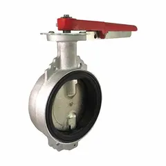 This 3-inch wafer-style butterfly valve is constructed with an aluminum body and a Hydrin seal. It is operated by a lever handle and rated for a maximum pressure of 30 psi CWP. Designed for dry bulk transport applications, it is suitable for pneumatic conveying systems handling powders, granules, and other bulk materials.