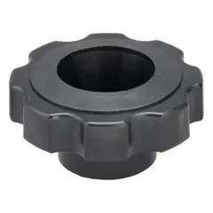 Plastic snap-lock knob with eight arms for manual clamping, positioning, and adjustment on machinery. M10 thread with 9 mm thread length, 2.38 in diameter. Suitable for tool-less operation in assembly, packaging, and material handling equipment.