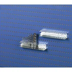 Steel toolholder for organizing drill bits on square-hole pegboard. Surface-mount design with screw-in locking system and zinc-plated silver finish. Includes bolts for installation. Suitable for workshop or garage storage.