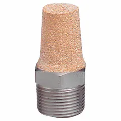 This pneumatic exhaust muffler reduces noise from compressed air exhaust ports on valves, cylinders, and other pneumatic equipment. It features a bronze element and steel body, with a 1 1/4 in NPT connection, 154 scfm flow capacity, 40 micron filtration, and 105 dB NRR noise reduction.