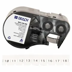 Continuous label roll cartridge for the M410 printer series. The label material is vinyl cloth with black print on a white background. The removable and repositionable adhesive allows temporary identification and easy adjustment during installation or maintenance tasks.