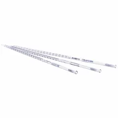 This KIMBLE serological pipette is made of borosilicate glass and is sterile and non-pyrogenic. It has a 10 mL capacity with 0.1 mL graduation increments and an overall length of 229 mm. Suitable for precise liquid measurement and transfer in laboratory applications such as cell culture and microbiology.