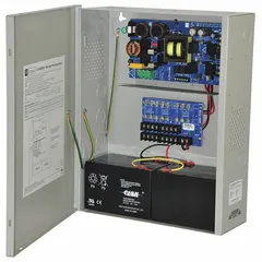 This power supply board with enclosure converts 115V AC input to regulated 24VDC at 10A. It includes eight fuses for output protection and is housed in a steel enclosure. Suitable for powering access control systems, security devices, and industrial control panels requiring stable DC power.