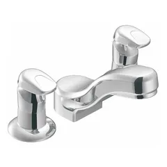 This widespread bathroom faucet features a push-button metering valve that delivers a preset 0.5 gpm flow rate and automatically shuts off after a set time, reducing water waste. Constructed of brass with a chrome finish, it includes both trim and valve. Suitable for commercial restrooms requiring water conservation and hands-off operation.
