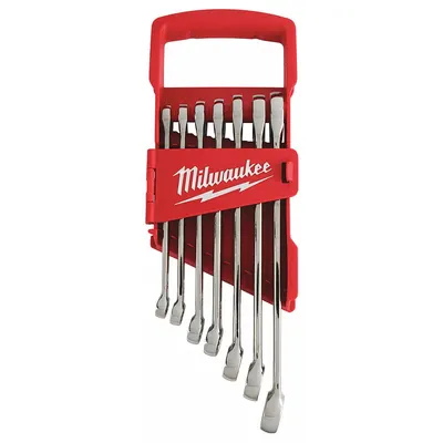 MILWAUKEE Combination Wrench Set: Alloy Steel, Chrome, 7 Tools - SAE 12-Point Combination Wrench Sets
