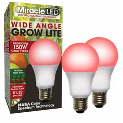This A19-shaped LED grow bulb operates at 120V and provides a red spectrum tailored for flowering plants. With a 150W incandescent watt equivalency, it supports photosynthesis during the bloom phase. Suitable for indoor horticulture, greenhouses, and hydroponic setups where targeted red light promotes flower and fruit development.