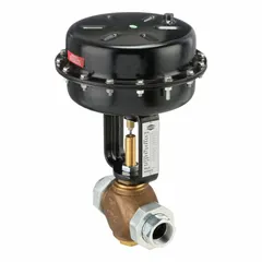 Bronze pneumatic globe valve with 1 1/2 in FNPT x FNPT connections. Features a stainless steel disc and air-to-spring actuator for fail-safe positioning. Used for modulating flow in industrial piping systems handling steam, water, or gas.