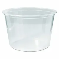 Round clear polypropylene container with detached lid, designed for single-compartment food storage and carry-out service. BPA-free, medium-weight construction suitable for restaurants, caterers, and food-service operations. Sold in a 500-pack