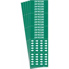 Green adhesive pipe marker with white 'Low Pressure' legend and directional arrows. Designed for pipes with outer diameter of 3/4 inch or smaller. Each pack contains 3 markers (5 packs total). Used to identify low-pressure fluid or gas lines in industrial piping systems.