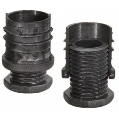Tube end leveling mount with integrated foot for leveling and stabilizing machinery, workstations, and conveyor systems. Features a round technopolymer body and M12 male thread for corrosion resistance and precise height adjustment.