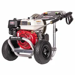 This gas-powered cold water pressure washer on a cart delivers 3,600 psi at 2.5 gpm, powered by a Honda engine. Suitable for cleaning driveways, patios, siding, and equipment in residential and light commercial settings.