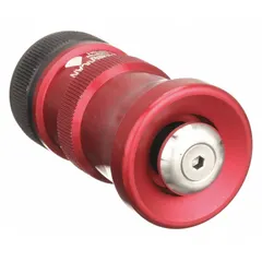 Aluminum constant pressure automatic fog nozzle with shut-off, featuring a rigid base and NPSH threads. Activates by twist for consistent stream or fog pattern at set pressure. Used in firefighting hose applications for flow control.
