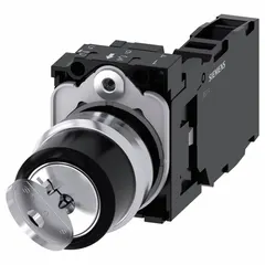 Panel-mounted key switch with contacts, 22 mm mounting size, 2-position maintained/maintained action, and 1NO/1NC contact form. Key removable in any position. Used for industrial control panel applications requiring key-operated access, such as machine start/stop or mode selection.