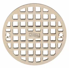 Class A light-duty floor drain grate for indoor areas with light pedestrian traffic. Round shape, 4 3/4 in overall diameter, 1/4 in overall height. Nickel Bronze finish resists corrosion. Bronze color family.
