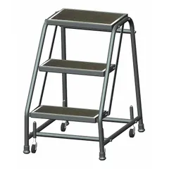 This rolling step stool features a steel frame with three steps and a rectangular platform. It has a 2.4 ft standing height and a 450 lb load capacity. Four swivel casters provide mobility for tasks requiring elevated access in industrial or warehouse settings.