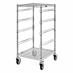 This vertical rack-style bin cart features 2 shelves and 4 bins for organized storage and transport of industrial components. It has 1 usable side and is equipped with 2 swivel casters with brake for mobility and stability. The silver finish suits warehouse, factory, and maintenance environments.