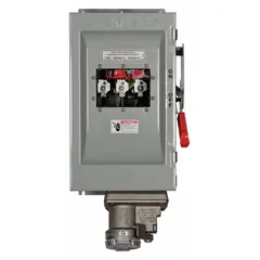 Non-fusible safety switch rated 60 A, three-phase, 600V AC. Galvanized steel enclosure for indoor use. Used for isolating electrical circuits in industrial and commercial power distribution systems.