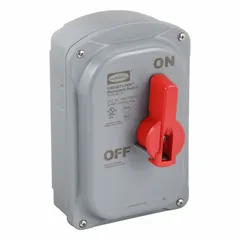 Non-fusible disconnect switch rated for 30 A, three-phase, 600V AC. Features a red handle and PBT housing. Suitable for indoor and outdoor use. Meets NSF standards. Used to safely isolate electrical circuits in industrial and commercial applications.