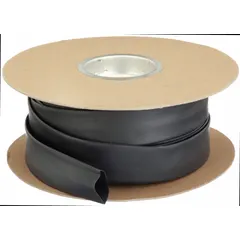 Standard heat shrink tubing for insulating, protecting, and bundling wires and cables. Inner diameter shrinks from 1.97 in to 0.98 in upon heating. Supplied in a 100 ft length, black color. Suitable for use in control panels, motor leads, and junction boxes.